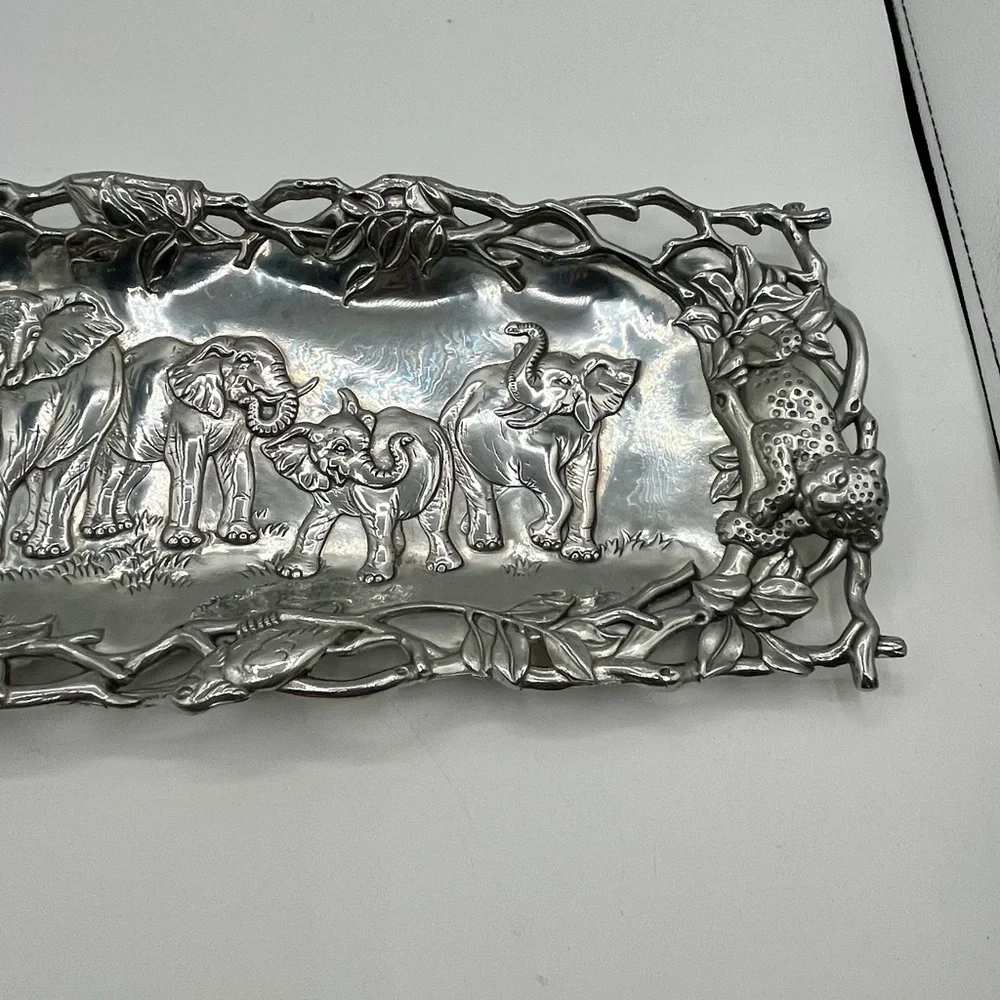 1997 Arthur Court Aluminum Jaguar , Elephant, Bird Tray 7/19 Inch